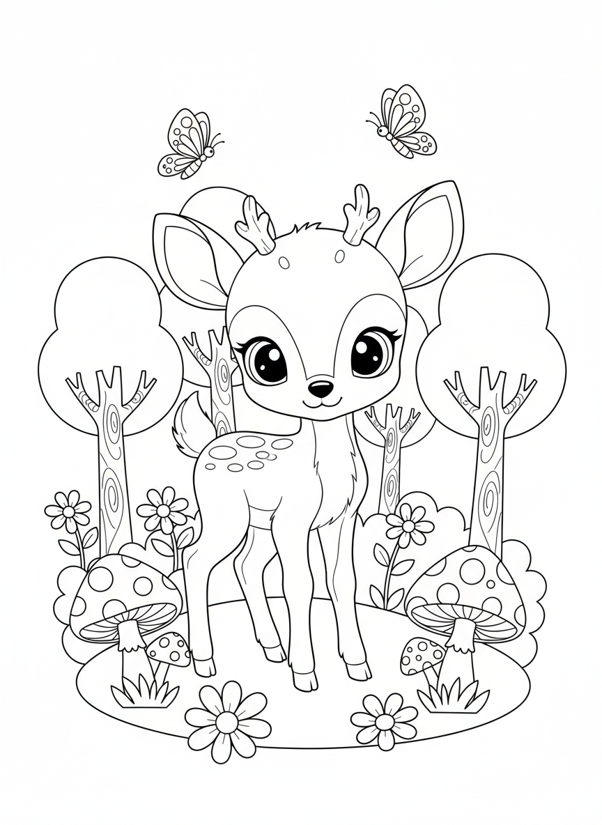 Cute Fawn in Whimsical Forest Coloring Page
