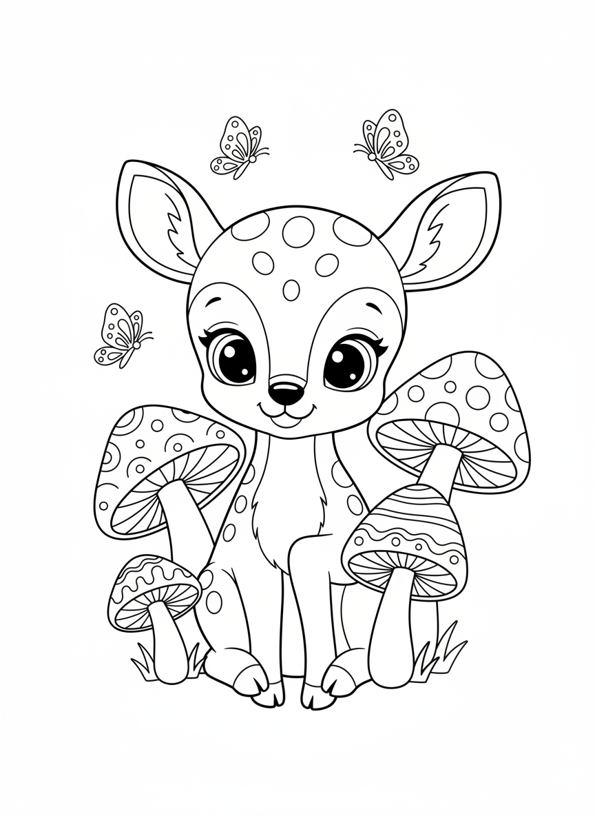 Cute Fawn & Mushroom Coloring Page