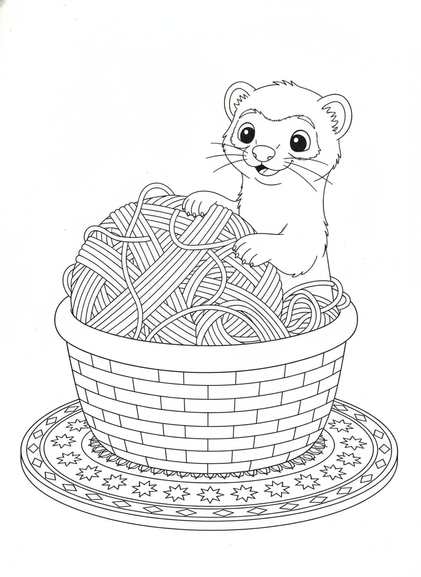 Cute Ferret Playing with Yarn Coloring Page for Kids