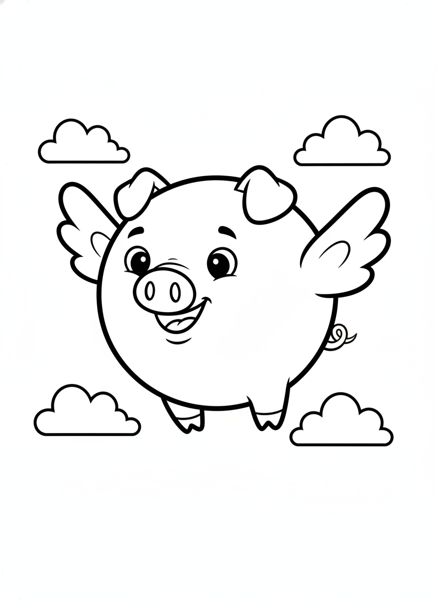 Cute Flying Pig Coloring Page for Kids - Simple Cartoon Fun