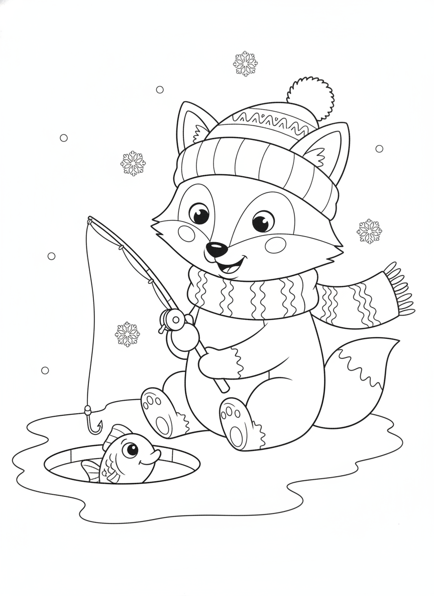 Cute Fox Ice Fishing Coloring Page for Kids