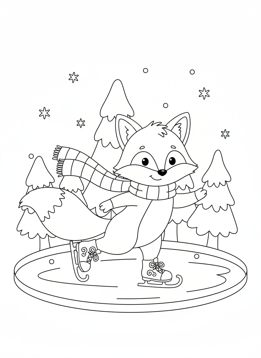 Cute Fox Ice Skating Coloring Page for Kids
