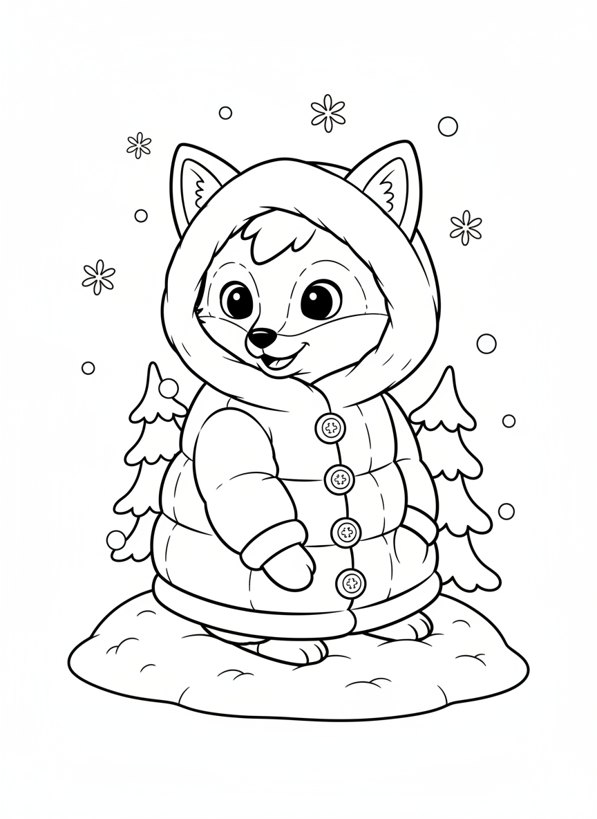 Cute Fox in Winter Coat Coloring Page