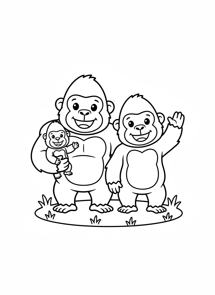 Cute Gorilla Family Coloring Page for Kids
