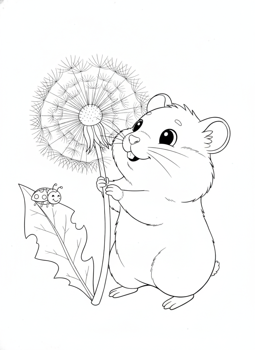 Cute Hamster & Ladybug with Giant Dandelion Coloring Page