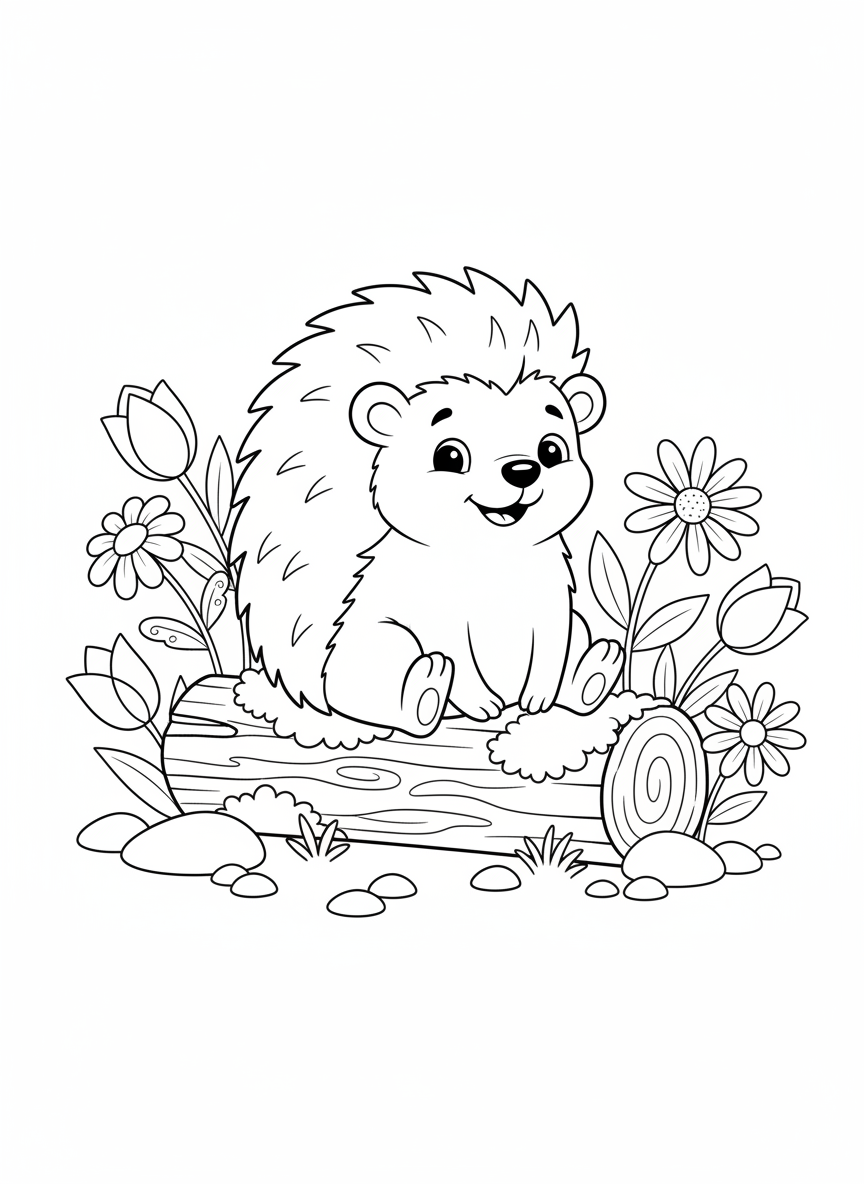 Cute Hedgehog on Log Coloring Page