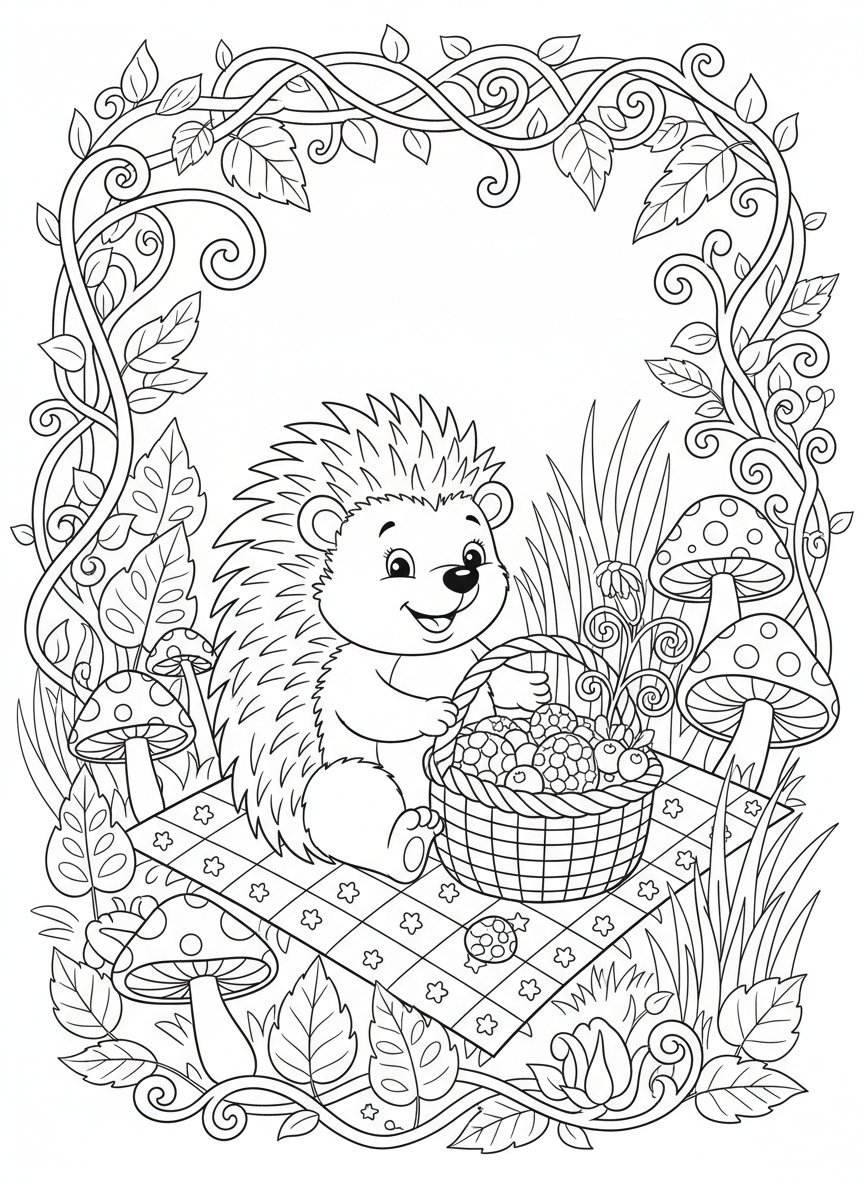 可愛刺猬奇幻森林野餐：趣味著色頁