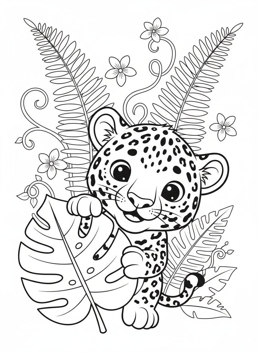 Cute Jaguar Cub in Tropical Rainforest Coloring Page