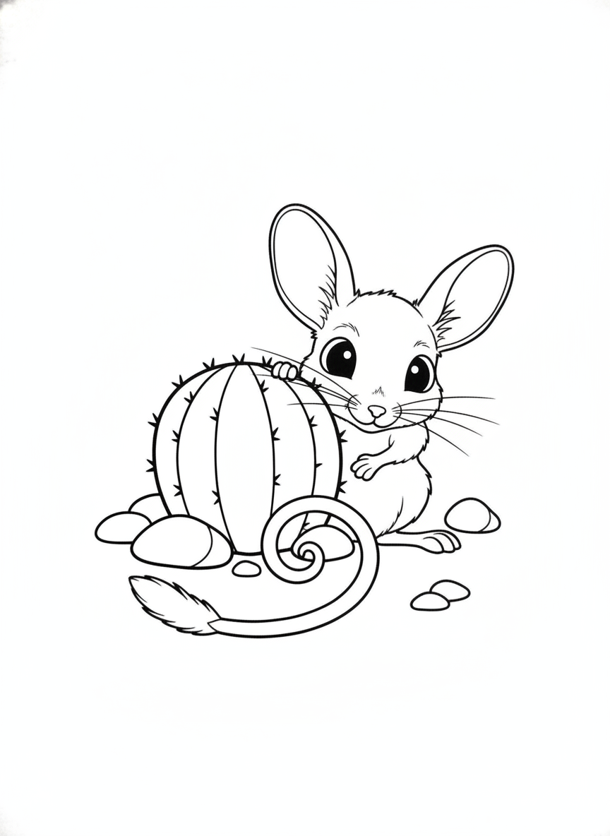 Cute Jerboa Peeking from Cactus Coloring Page for Kids