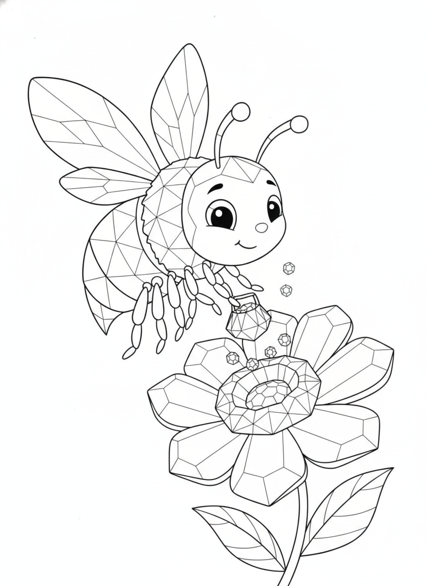 Cute Jewel Bee Collecting Pollen from a Sparkling Jewel Flower Coloring Page
