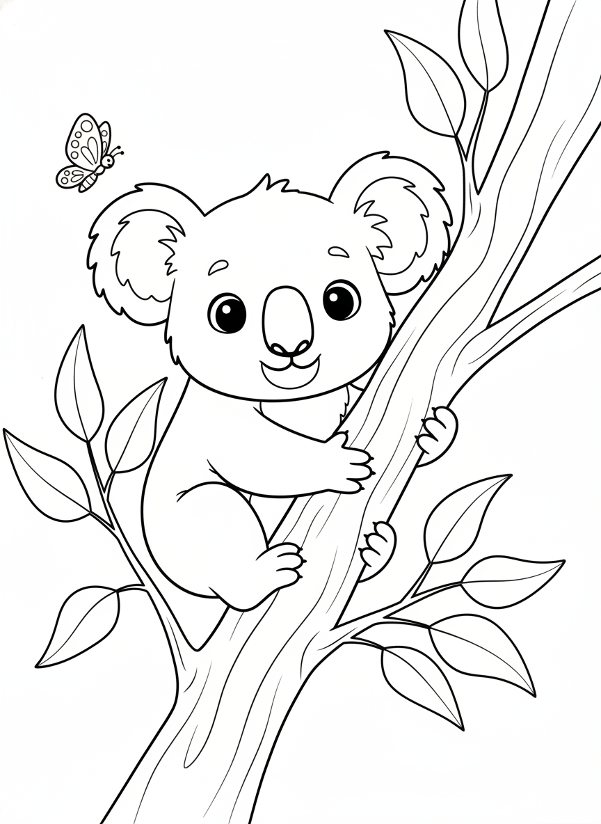Cute Koala Hugging Eucalyptus Tree Coloring Page