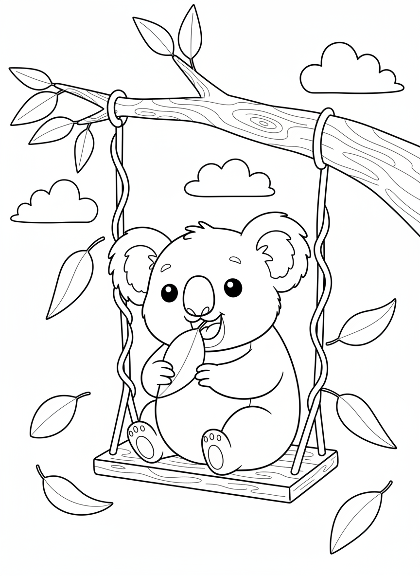 Cute Koala on a Swing Coloring Page