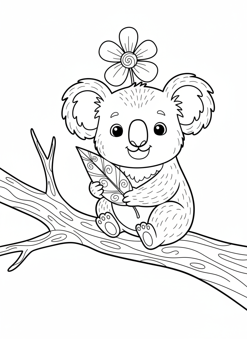 Cute Koala on Eucalyptus Branch Coloring Page for Kids