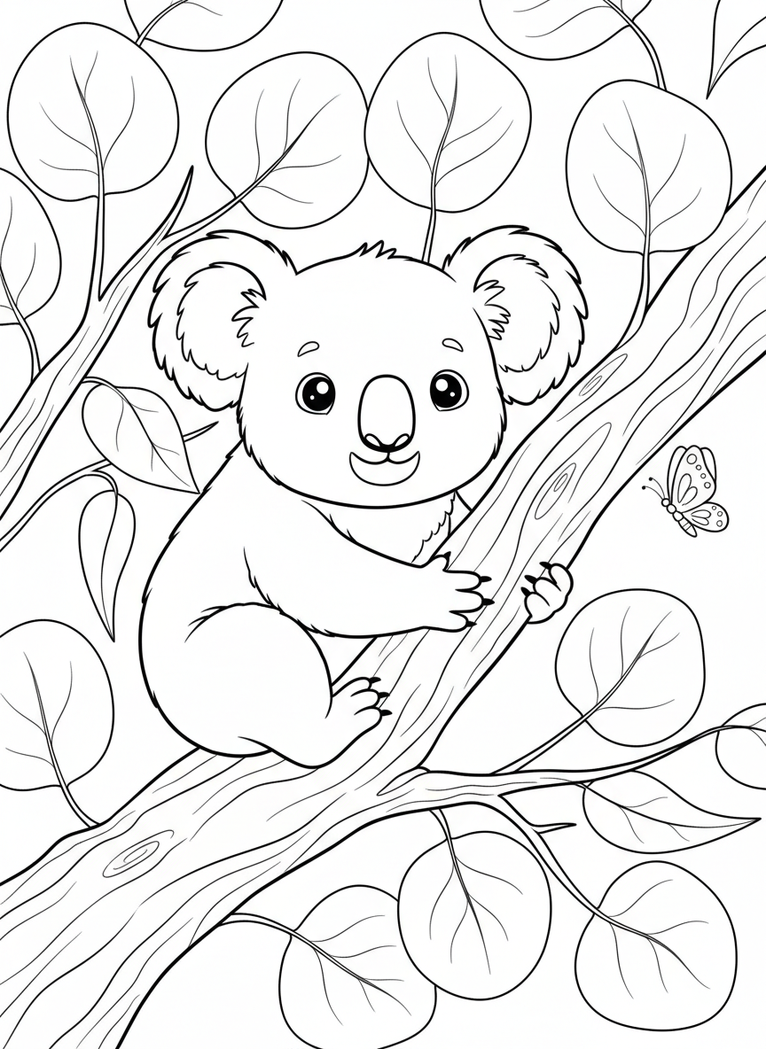 Cute Koala on Eucalyptus Branch Kids Coloring Page
