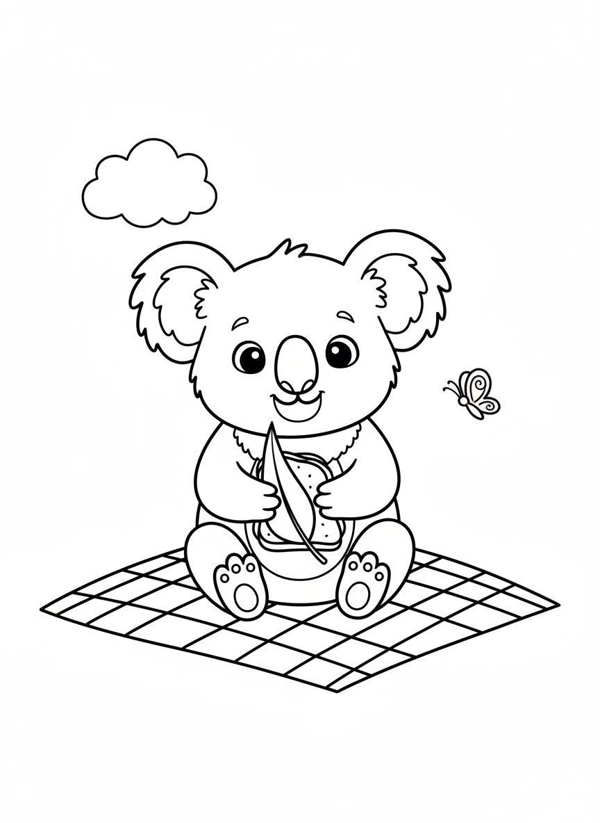 Cute Koala Picnic Coloring Page for Kids