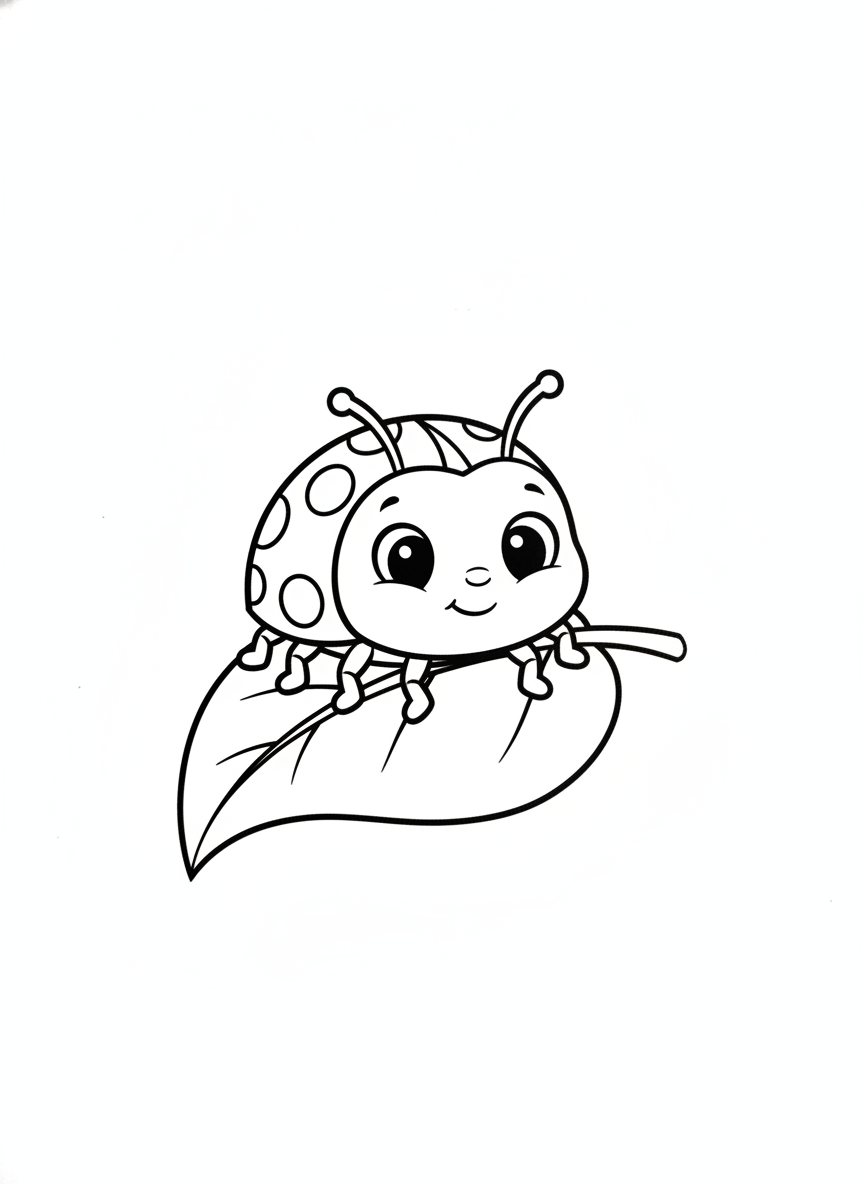 Cute Ladybug on Leaf: Simple Coloring Page for Kids