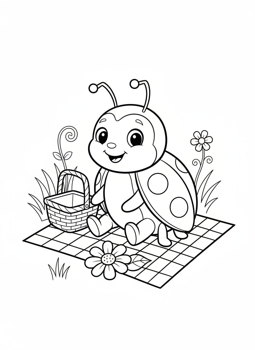 Cute Ladybug Picnic Coloring Page for Kids