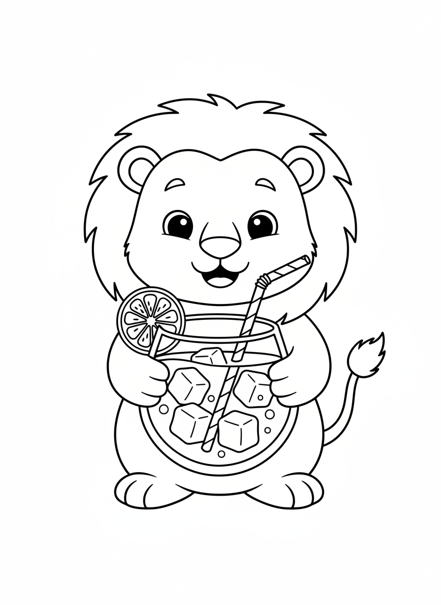 可愛小獅子拿檸檬水著色頁