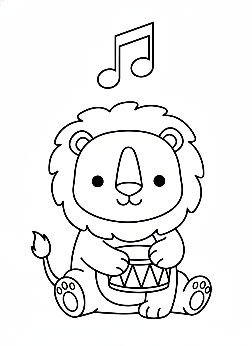 可愛小獅子打鼓兒童著色頁
