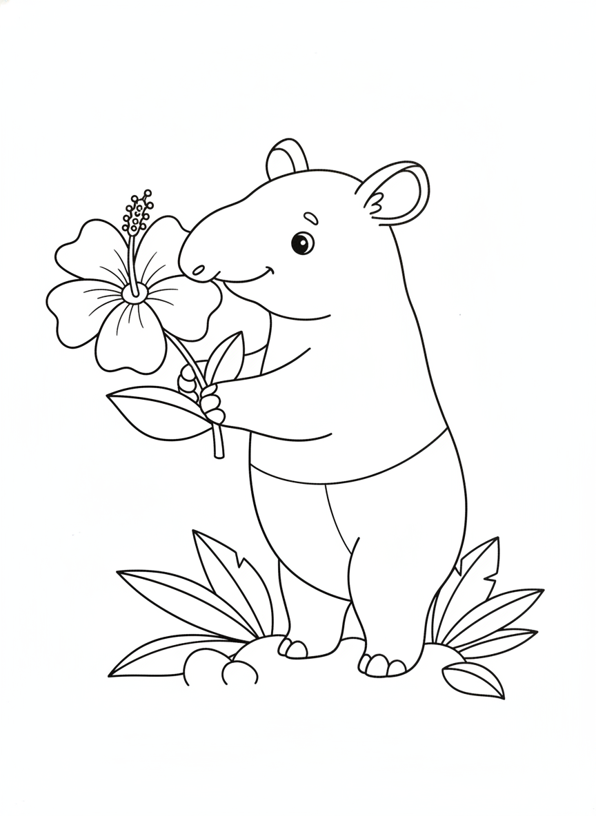 Cute Malayan Tapir Sniffing Jungle Flower Coloring Page