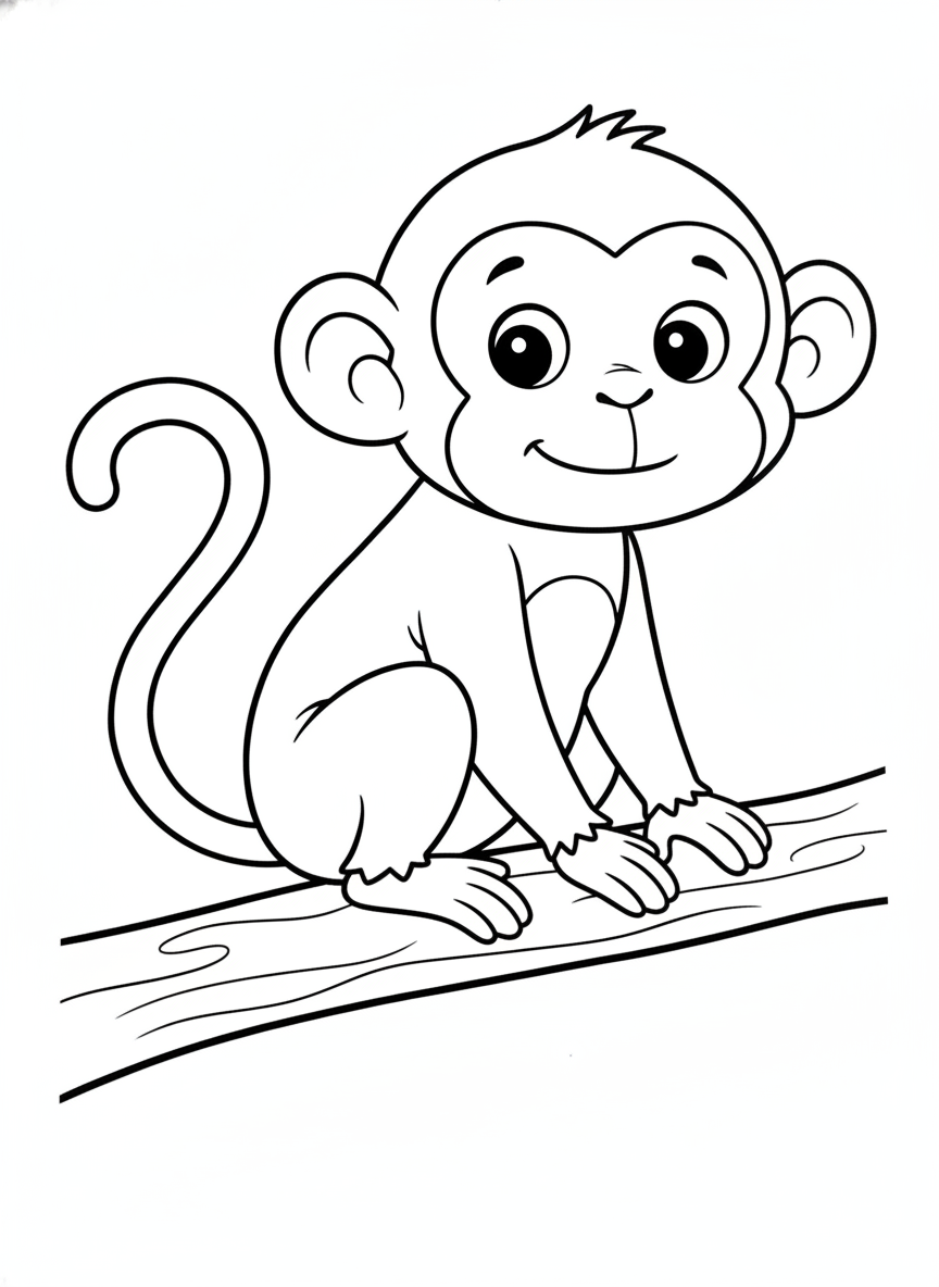 Cute Monkey on Branch Coloring Page for Kids