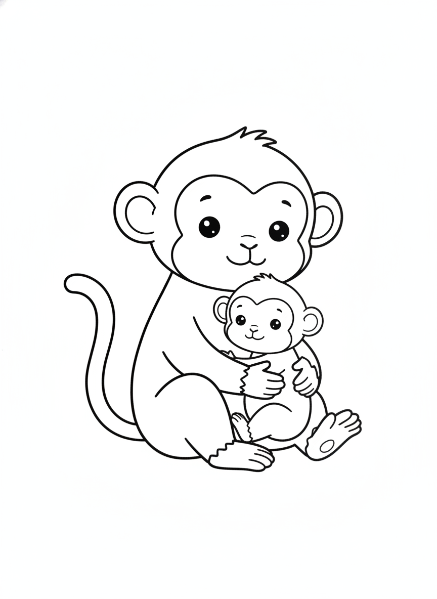 Cute Mother & Baby Monkey Family Coloring Page for Kids