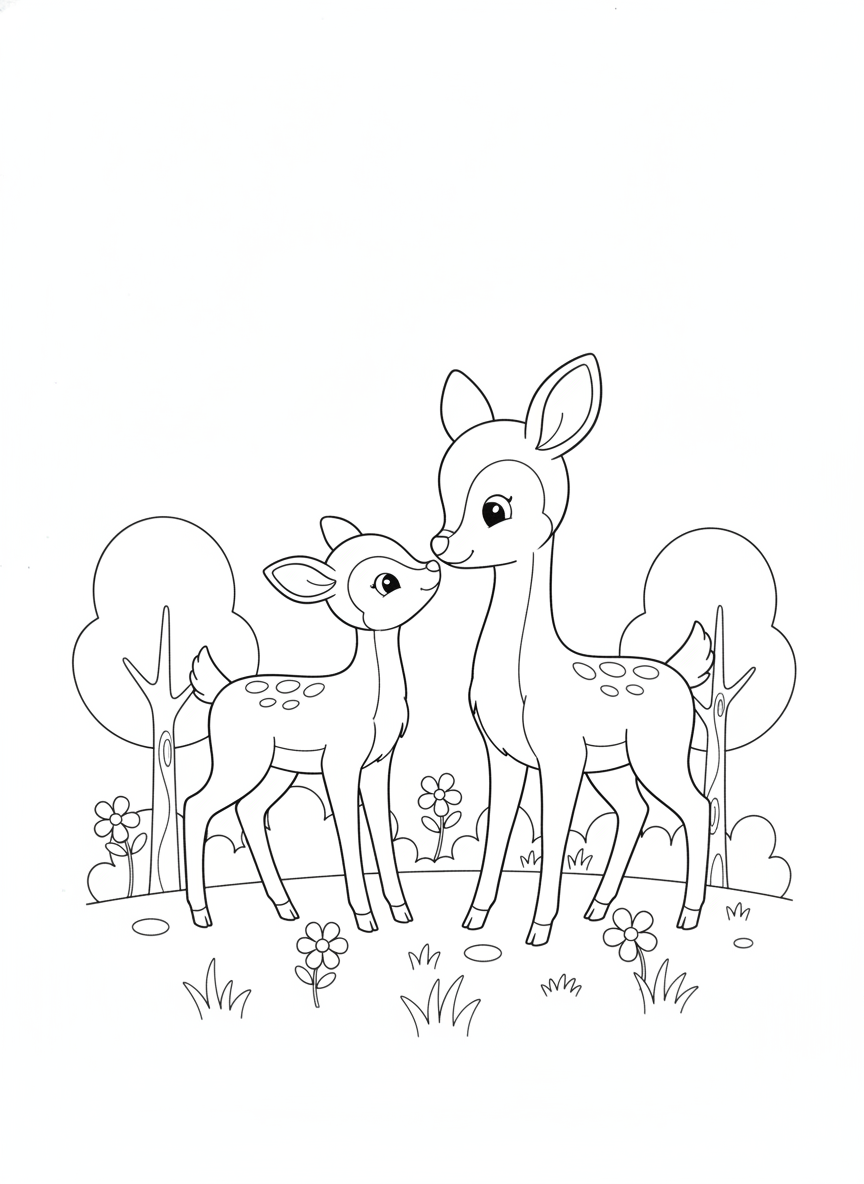 Cute Mother Deer & Fawn Nuzzle Coloring Page for Kids