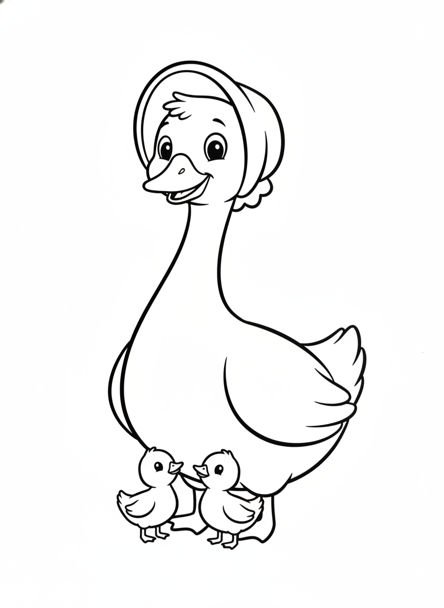 Cute Mother Goose and Goslings Coloring Page for Kids