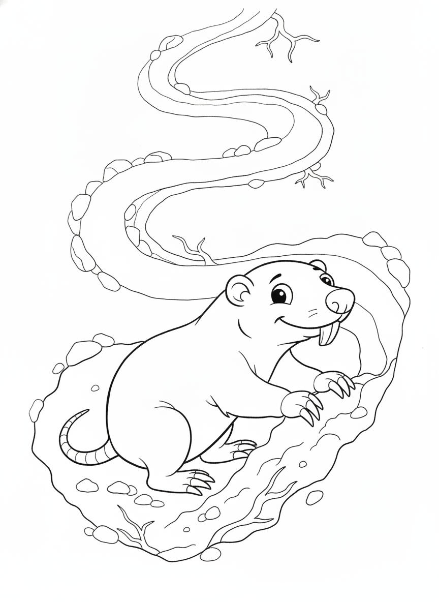 Cute Naked Mole-Rat Digging Fun Coloring Page