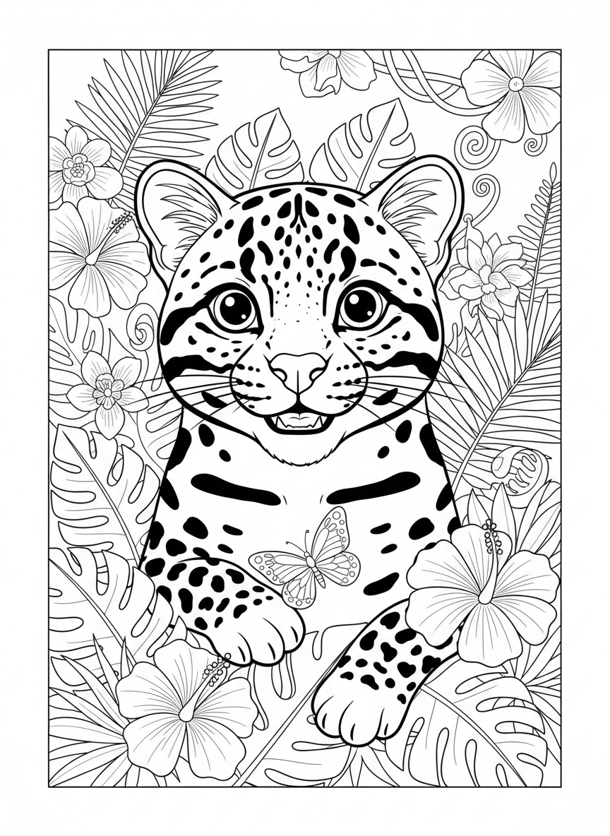 Cute Ocelot in Jungle Coloring Page