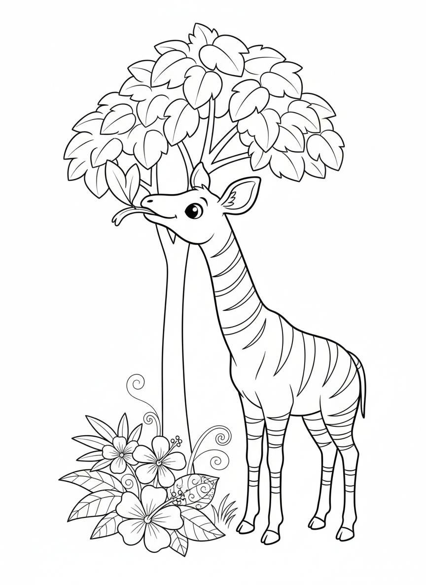 Cute Okapi Eating Leaves Coloring Page for Kids