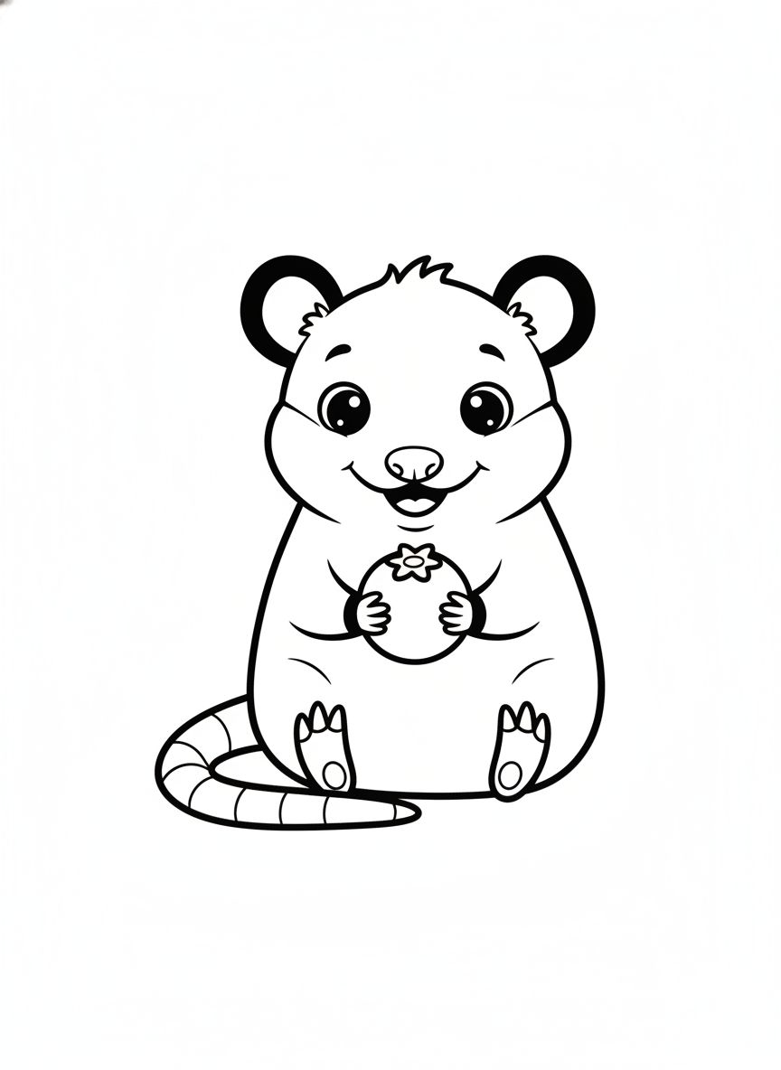Cute Opossum Holding a Blueberry Coloring Page for Kids