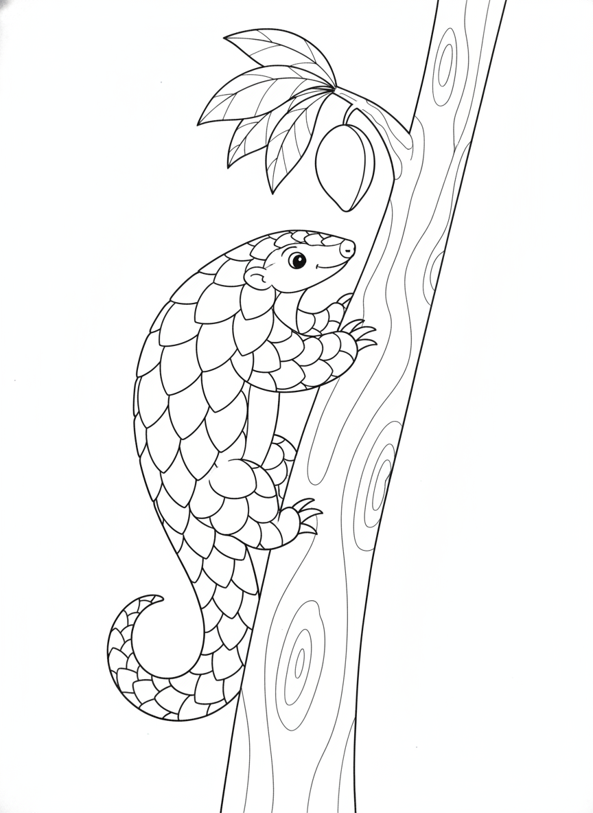 Cute Pangolin Climbing Tree Coloring Page for Kids