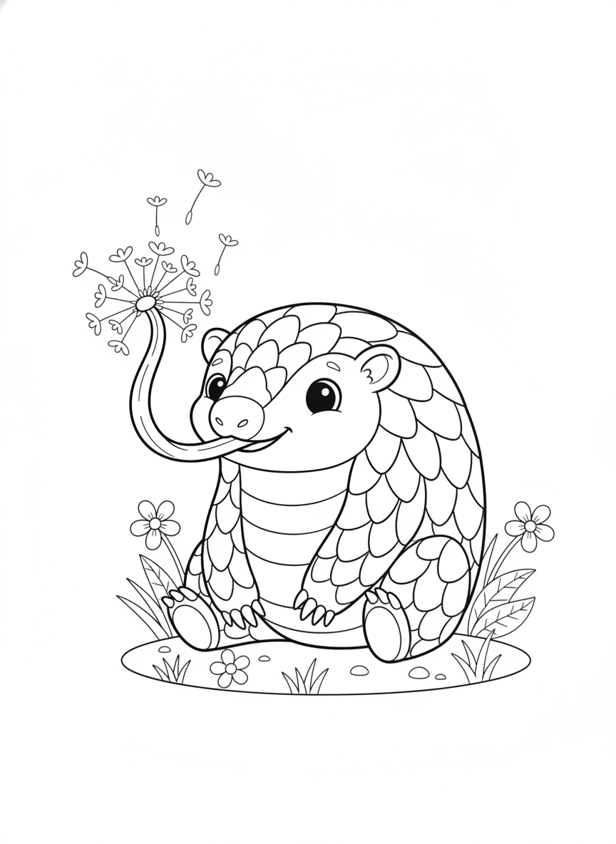 Cute Pangolin & Dandelion Seeds Coloring Page for Kids