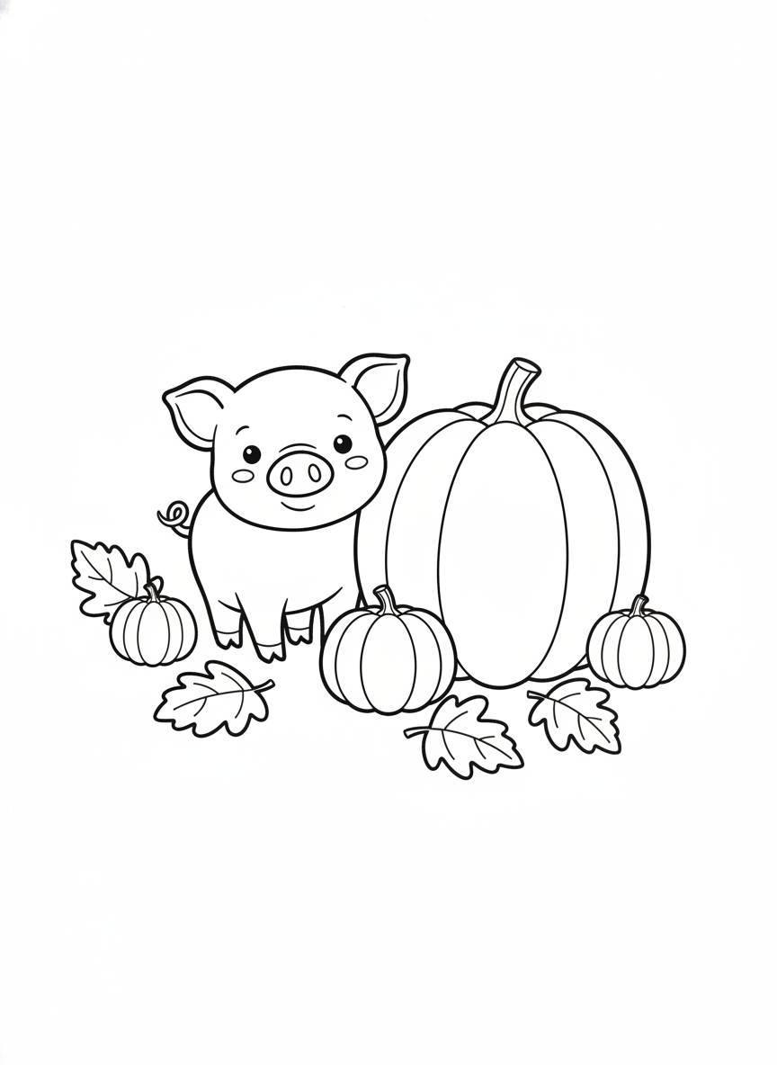 Cute Piglet and Pumpkin Fall Coloring Page for Kids