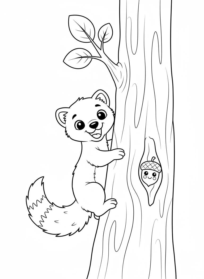Cute Pine Marten Climbing Tree Coloring Page