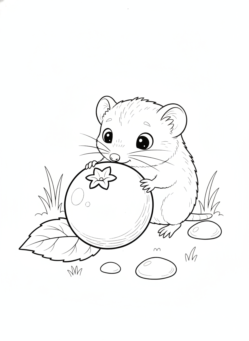 Cute Pygmy Shrew & Giant Blueberry Kids Coloring Page