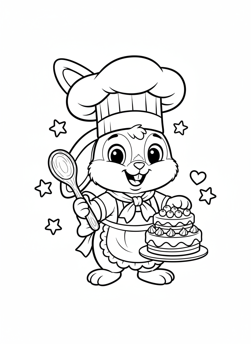 Cute Rabbit Chef with Cake Coloring Page