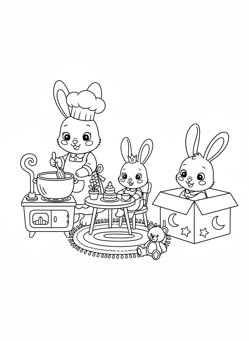 Cute Rabbit Family Playing House Coloring Page