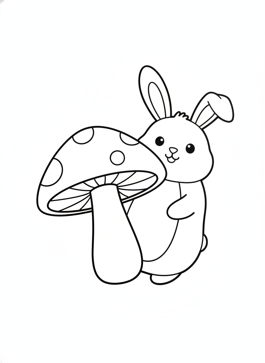 Cute Rabbit & Mushroom Coloring Page for Kids