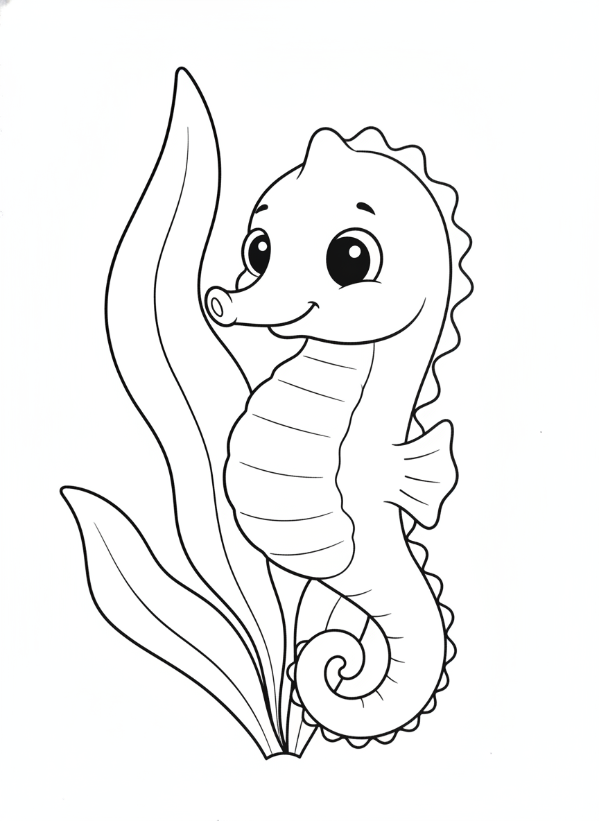 Cute Seahorse Hiding in Kelp Coloring Page for Kids