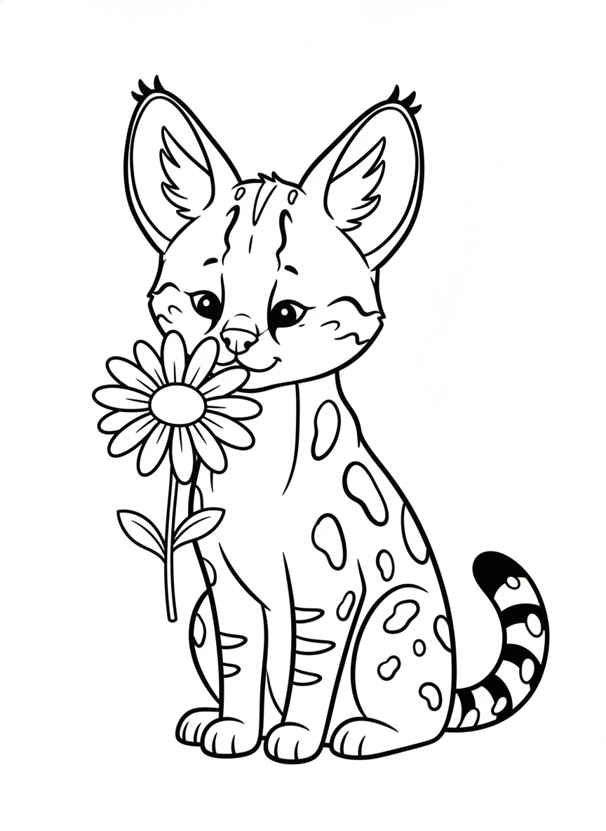 Cute Serval Sniffing Daisy Flower Coloring Page for Kids