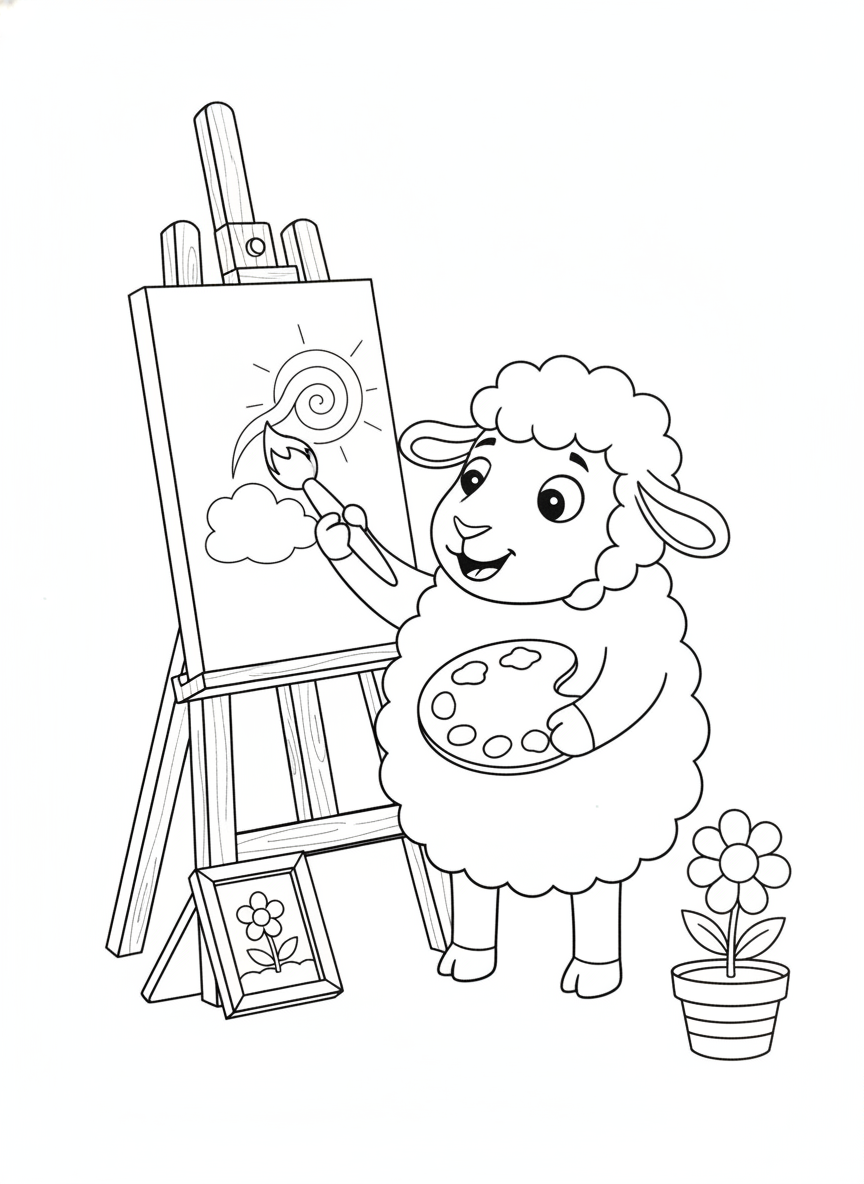 Cute Sheep Artist Coloring Page for Kids