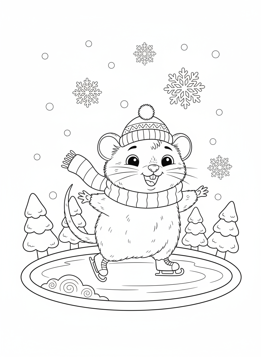 Cute Shrew Ice-Skating Coloring Page for Kids