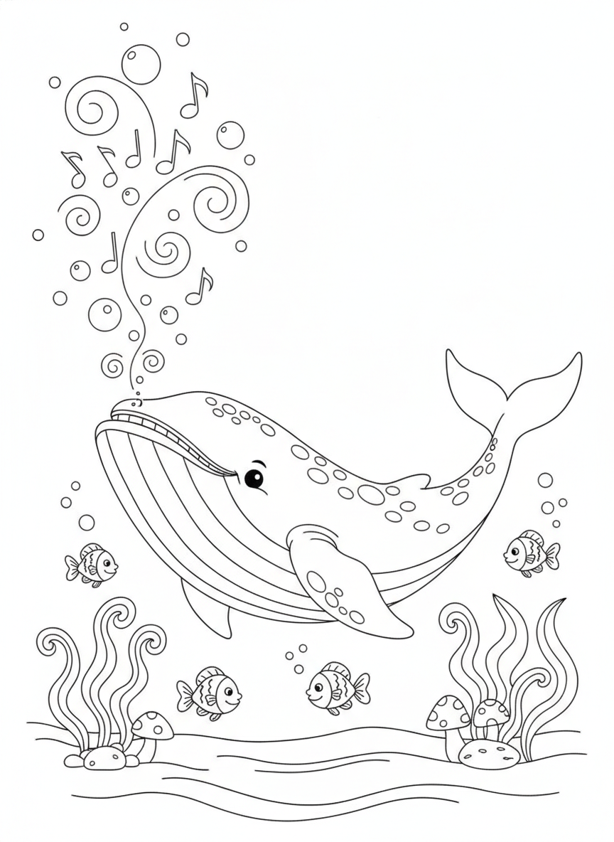 Cute Singing Humpback Whale Coloring Page for Kids