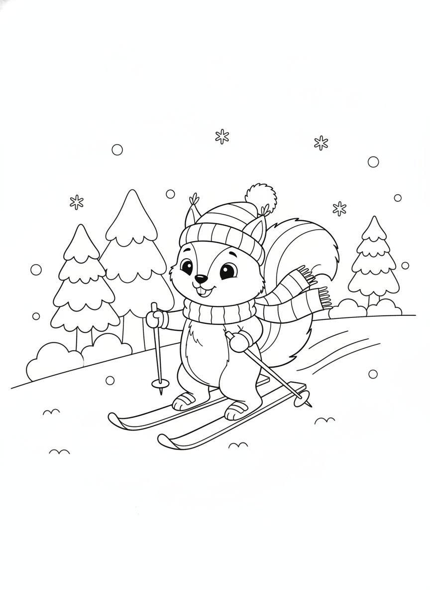 Cute Skiing Squirrel Winter Fun Coloring Page for Kids