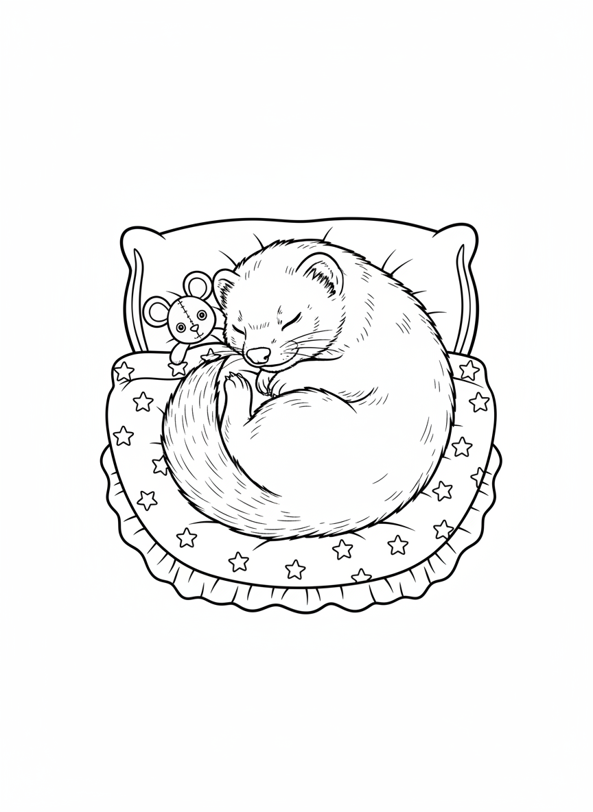Cute Sleeping Ferret in Cozy Bed Coloring Page