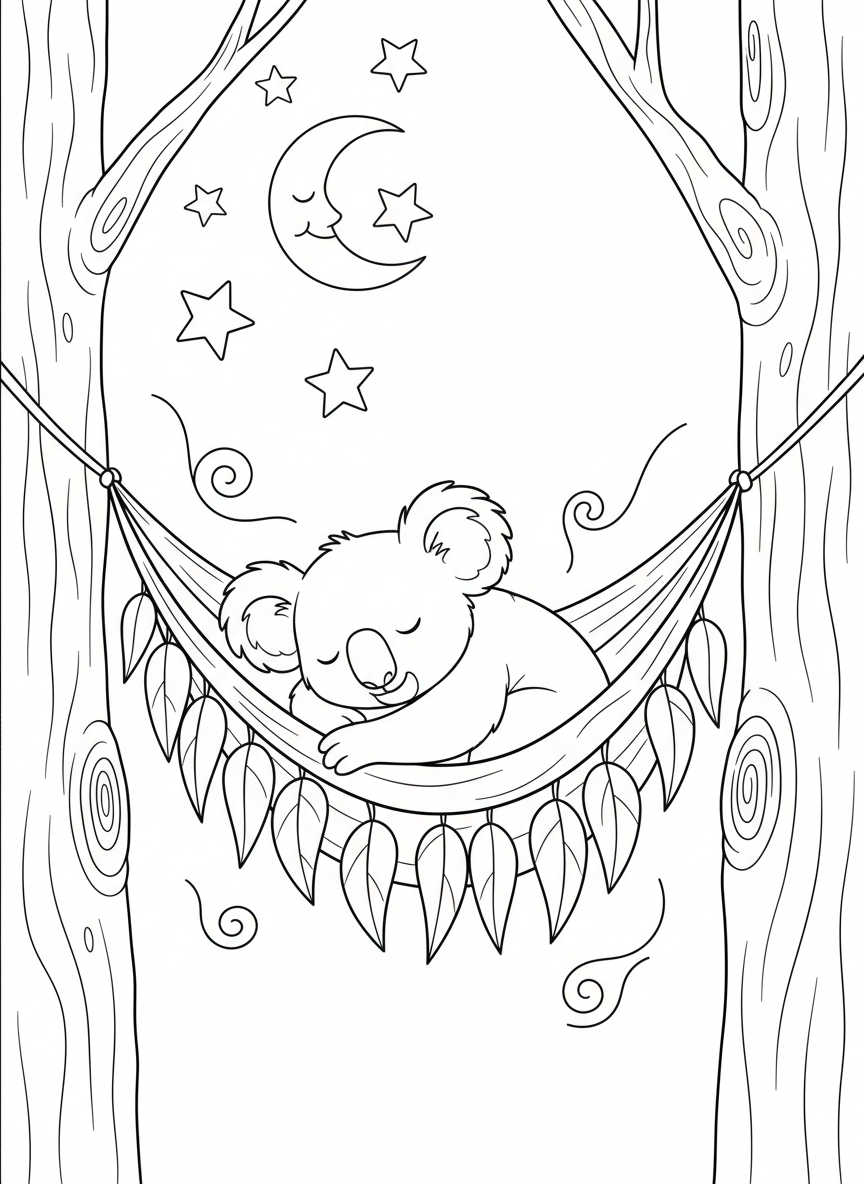 Cute Sleeping Koala in Eucalyptus Hammock Coloring Page