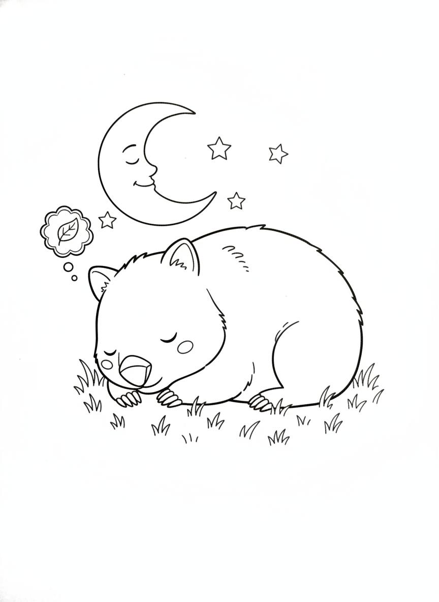 Cute Sleeping Wombat Under Moon and Stars Coloring Page