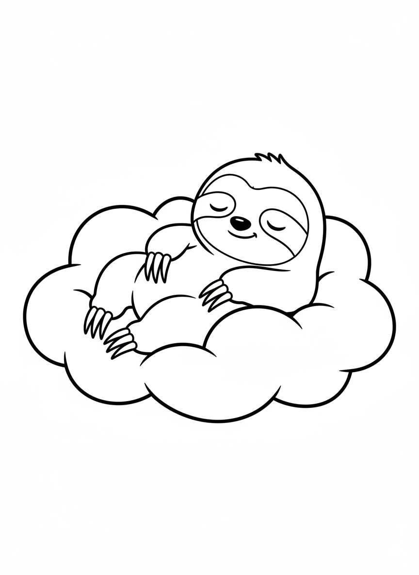 Cute Sleepy Sloth on a Cloud Coloring Page